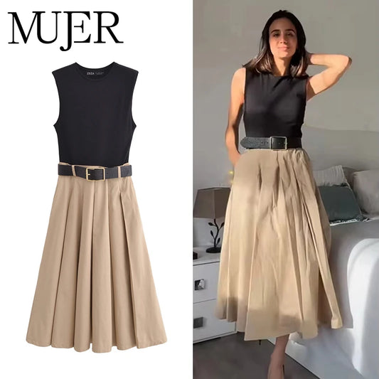 Sleeveless Black & Beige Pleated Midi Dress with Belt – Elegant Chic