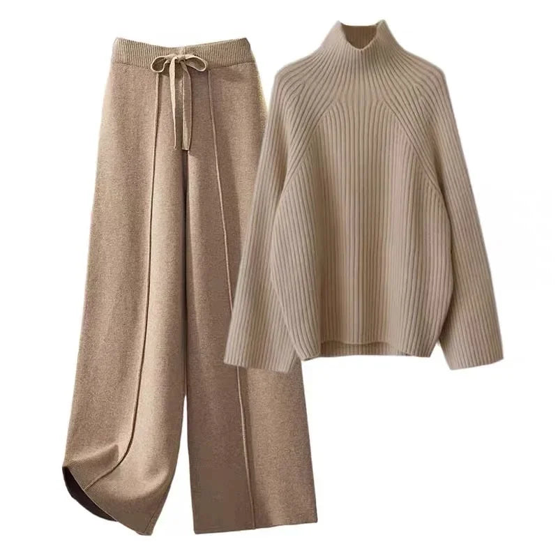 2023 New Women's Autumn Winter Korean Style Sweater With Ninefths Pendant Bell Bottoms Suit Two-Piece Set Fashionable Streetwear